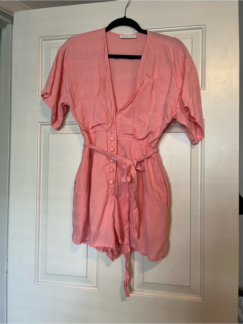 Karlie Pink Short Sleeve Romper with Waist Tie | Size Large